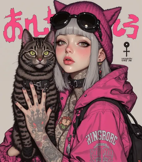 A girl with ash-white hair, aged 20, of European appearance, with expressive features and noticeable freckles.  She's wearing a stylized fuchsia beanie hat with cat ears. Large steampunk glasses are worn on top of the hat. Incredibly beautiful almond-shape...