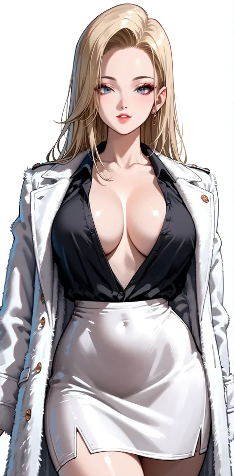 ,20s, beautiful face, Slender Woman, big breasts, thin waist,Long fur coat,  black shirt ,   pencil skirt ,  big breasts, ( shirts that wear white coats open on the front 、 open from chest to stomach to reveal skin),(( open shirt)),(( open)), sexy pose, ((...