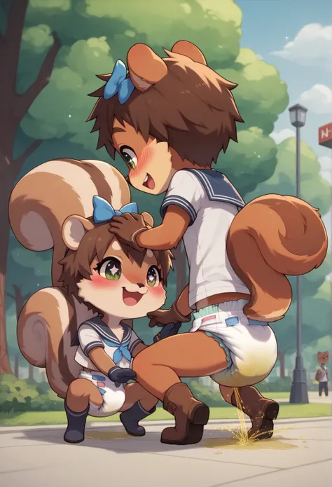 boy and girl, squirrel, furry, bodyfur, hair, tail, sailor suit, short sleeves, bottomless, hair bow, gloves, boots, chibi, sparkling eyes, happy, full body, blush, couple, peeing, fart, from below, side-by-side, spread legs, squatting, color, vinyl school...