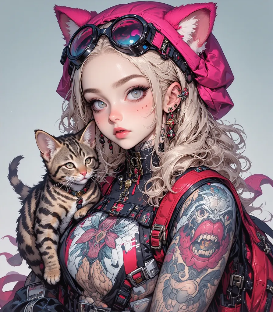 A girl with ash-white hair, aged 20, of European appearance, with expressive features and noticeable freckles.  She's wearing a stylized fuchsia beanie hat with cat ears. Large steampunk glasses are worn on top of the hat. Incredibly beautiful almond-shape...