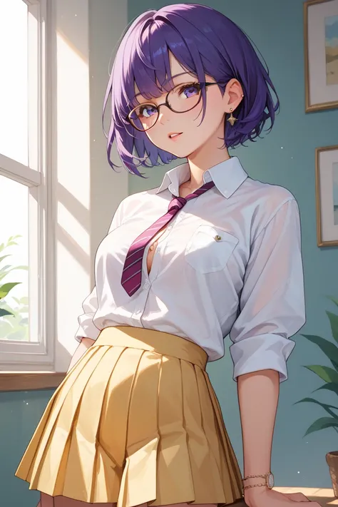 Short purple hair, bangs, glasses, white buttoned shirt, yellow pleated skirt