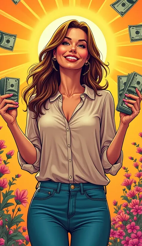 A comic book style image of an adult American woman, radiating happiness with money dollars and a sense of accomplishment. She is dressed in casual and tasteful clothing, such as a blouse and jeans, with a friendly and approachable appearance.  The backgro...