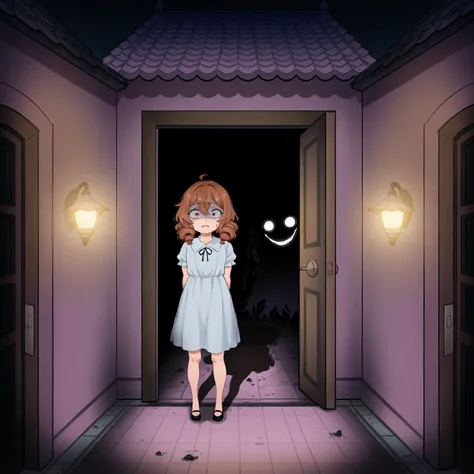 exterior shot of a run down mansion (3 levels, lights off, some windows broken, front door ajar, exterior is nice but weathered and worn, exterior has an eerie resemblance to an evil demon smiling,  tile roof has minor damage, Higurachi snail shell madness...