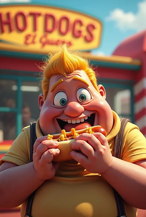 A fat man with blond hair eating a hotdog and who has the letters hotdogs el guero