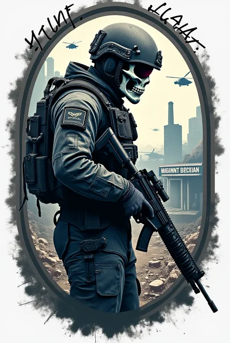 A highly detailed military-themed back print design featuring a futuristic soldier in full tactical gear, wearing a skull mask and holding a modern assault rifle. The background showcases a war-torn urban battlefield with destroyed buildings, a helicopter ...