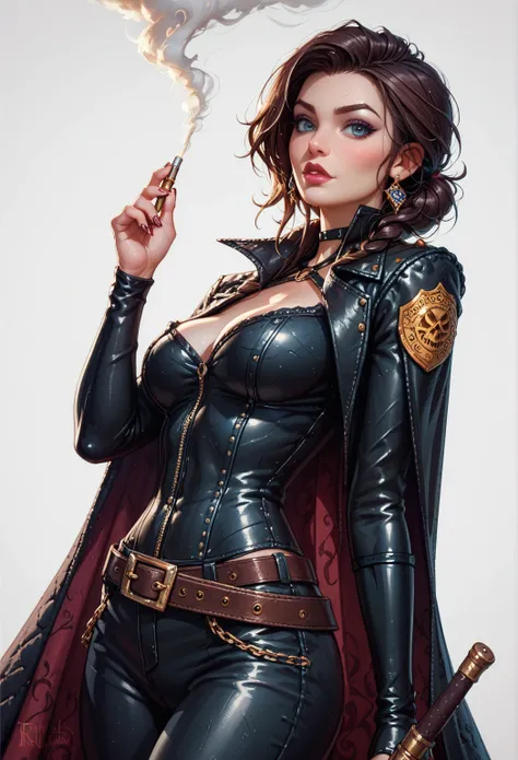 Full-body portrait in a wide-angle of a female goblin rogue, white background, D&D character art, fantasy art, in the style of Ilya Kuvshinov, impeccable linework, by Kienen Lafferty, dark leather outfit, mischievous expression, holding a curved dagger and...