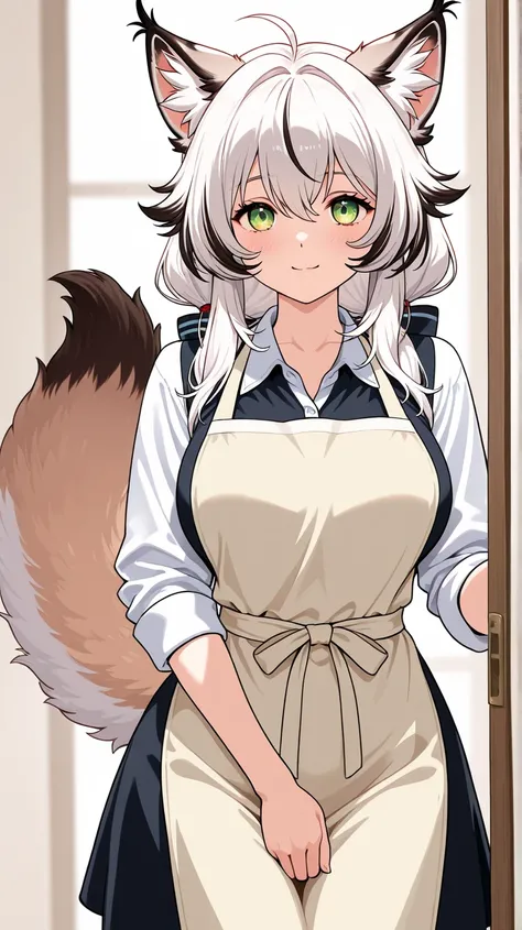 Waifu lynx, HD model, with a plain apron, with home clothes ,with a fluffy tail ,  housewife,  white hair 