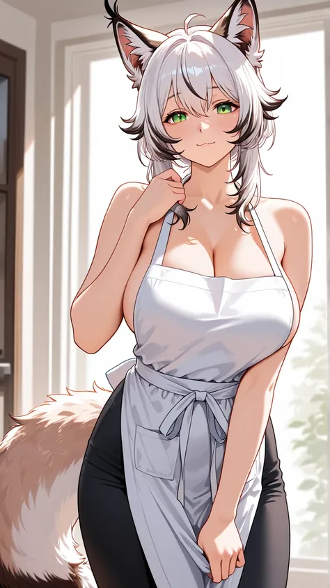 Waifu lynx, HD model, with a plain apron, with home clothes ,with a fluffy tail ,  housewife,  white hair 