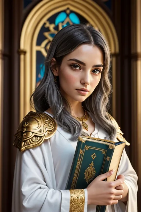  Create an illustration of a young priestess with a serene and mystical appearance .  Her hair is gray ,  smooth and slightly wavy , falling gently around her face.  Her clear eyes convey wisdom and mystery ,  contrasting with her apparent youth .  She wea...