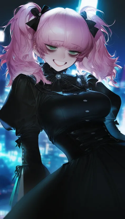 1girl, au (d elete), rella, liduke, pigeon666, reoen, dark blue theme, night, depth of field, cinematic, motion blur, masterpiece, best quality, good quality, newest, solo girl, medium hair,light pink hair, ((twintail hair )),( bags under eyes) ,green eyes...