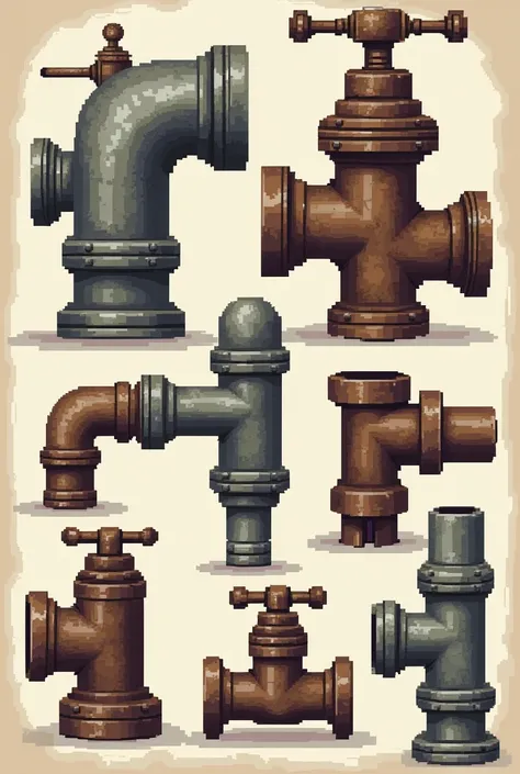 Make several pieces of old plumbing in pixel art 2d in 16 colors