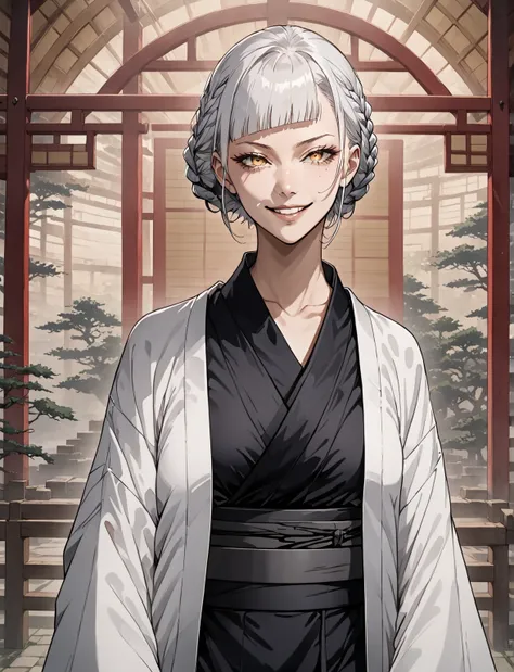 High resolution,  masterpiece,  Precise,  the best quality , very aesthetic, same face, 1 girl, white hair, long white hair, flequillo, trenzas, kimono negro, haori blanco cok motivos de flores grises, smiling, scars on hands, scar on face, clsed eyes, Juj...