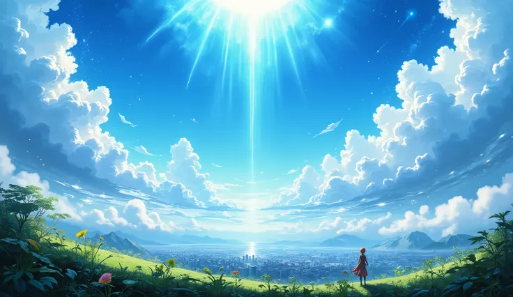 A breathtaking anime-style landscape with a vast, radiant blue sky filled with dramatic, fluffy white clouds. Sunlight streams through the clouds, creating luminous rays that illuminate the entire scene. Below, a sprawling cityscape is visible, shrouded in...