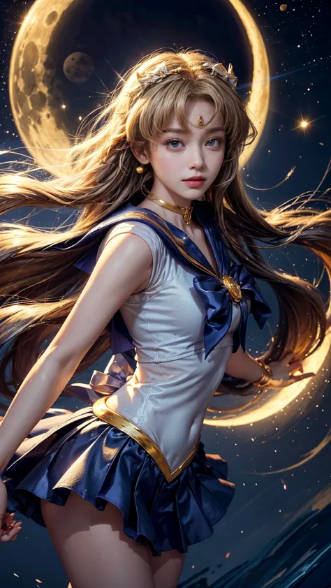 Sailor Moon,   in the seat,   blue eyes,    long golden hair ,   sailor suit  , Moon Headdress  ,  I have a lunar stick , Moon's prism power 、 The city and the full moon,   confident smile  . they're spinning with open arms 、