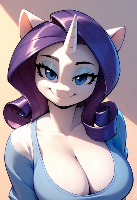 Rarity(bigdad), female, white body, purple hair, horn, Blue eyes, blue shirt, upper body, cleavage, smile, looking at viewer, solo