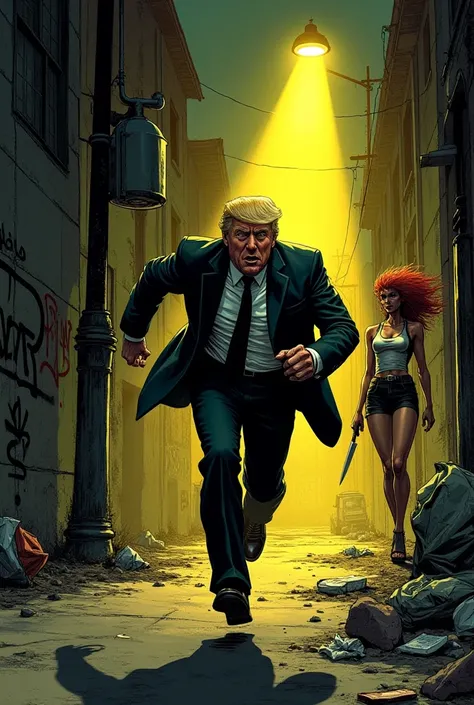 A dark, detailed, and heavily textured illustration in the style of a heavy metal album cover, blending intricate linework with photorealistic elements. A Donald Trump-like figure in a tailored suit, with a look of desperation, runs at full speed down a di...