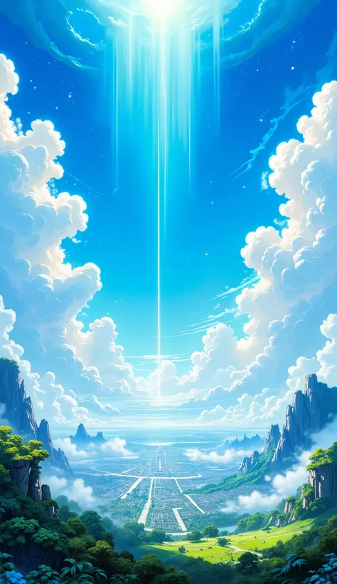 A breathtaking anime-style landscape with a vast, radiant blue sky filled with dramatic, fluffy white clouds. Sunlight streams through the clouds, creating luminous rays that illuminate the entire scene. Below, a sprawling cityscape is visible, shrouded in...