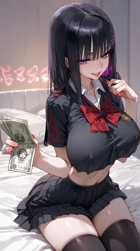 score_9,score_8_up,score_7_up,source_anime,rating_explicit,absurdres,very aesthetic,best quality,masterpiece,very detailed face,zPDXL2 BREAK 1girl,improve,straight hair,black hair,,black purple eyes,RED eyeliner, big breasts,  female high school uniform , ...