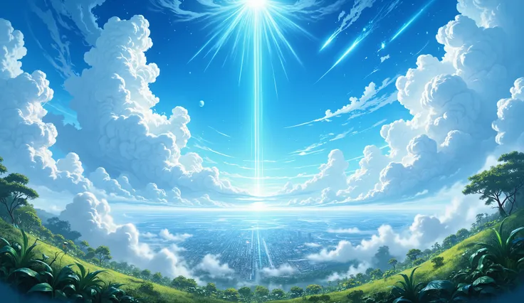 A breathtaking anime-style landscape with a vast, radiant blue sky filled with dramatic, fluffy white clouds. Sunlight streams through the clouds, creating luminous rays that illuminate the entire scene. Below, a sprawling cityscape is visible, shrouded in...