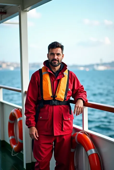  Puritan man standing with lifeguard on a ferry deck, a picture inspired by Fikret Muallâ Saygi,  instagram ,  hurufiyya, In the sea, standing on ship deck , standing on ship deck  durmak, At the sea, on the deck of a ship, sayem reza, aykut aydogdu