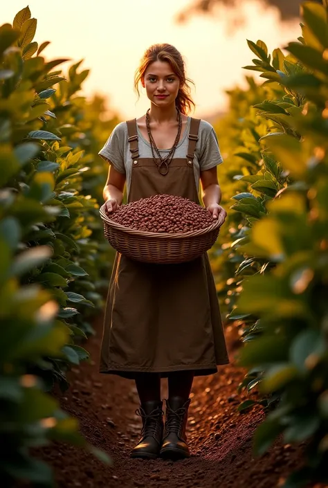 Please help me create an advertising image with a woman dressed as a peasant woman harvesting or bringing coffee in a coffee background for a coffee-related billboard