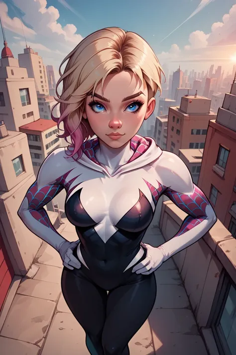 1girl, solo, breasts, short hair, blue eyes, blonde hair, detailed background, medium breasts, high angle shot, spider gwen suit, gradient hair, animification, background, sky, 19 years old, hips, normal nose size, standing, hands on hips, from behind