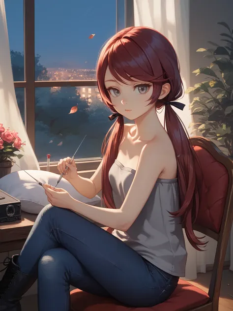 ((Masterpiece, best quality)), Jk, intricate details, 1girl, solo, close up, sitting on wooden chair, knitting pillow case, needles, ((long hair in low twin tails)), gray eyes, dark red hair,  (((long swept bangs))), thin, close up, small breasts, slightly...