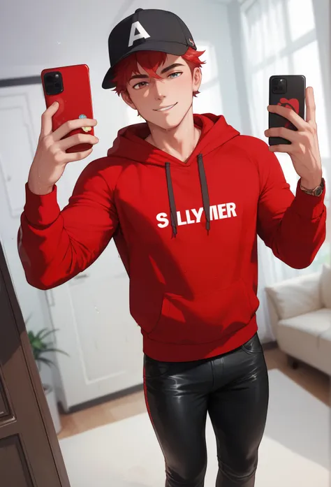 LiaqN.Red haired man.Handsome.Wearing a red hoodie  cap black skinny pants Smelly and Sweaty Socks.Taking a selfie.mobile phone