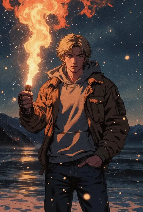 Blonde Guy,  about twenty-five ,  with gray eyes , in a sweatshirt, jacket and jeans, holds a burning smoke bomb on the ocean shore, late evening, It&#39;s snowing,  dark tones 