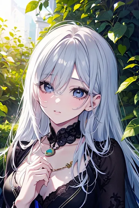 A sad girl in a garden, holding a locket, (best quality,4k,8k,highres,masterpiece:1.2),ultra-detailed,(realistic,photorealistic,photo-realistic:1.37),beautiful detailed eyes,beautiful detailed lips,extremely detailed eyes and face,longeyelashes,emotional,m...