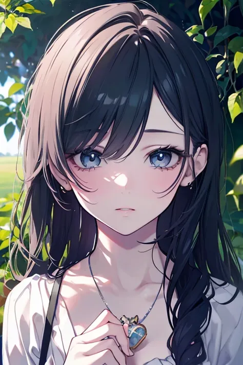 A sad girl in a garden, holding a locket, (best quality,4k,8k,highres,masterpiece:1.2),ultra-detailed,(realistic,photorealistic,photo-realistic:1.37),beautiful detailed eyes,beautiful detailed lips,extremely detailed eyes and face,longeyelashes,emotional,m...