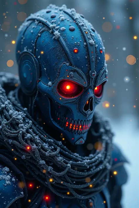 Terrifying cinematic science fiction photo of a portrait of a non human futuristic masked blue and glowing red mythical freak dressed as a freak leather sharp fingers futuristic mask mythical freak dressed as a futuristic dirty freak blue and glowing red m...