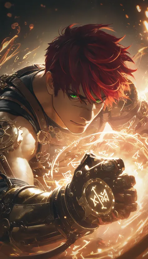 a man up close with a cybernetic steampunk glove with gears, iron and steel pipes , straps that hold it to the body , long shoulder prosthesis , arm in the foreground super detailed ,waxed fist , precision watch , Electric coils , protected steam ...