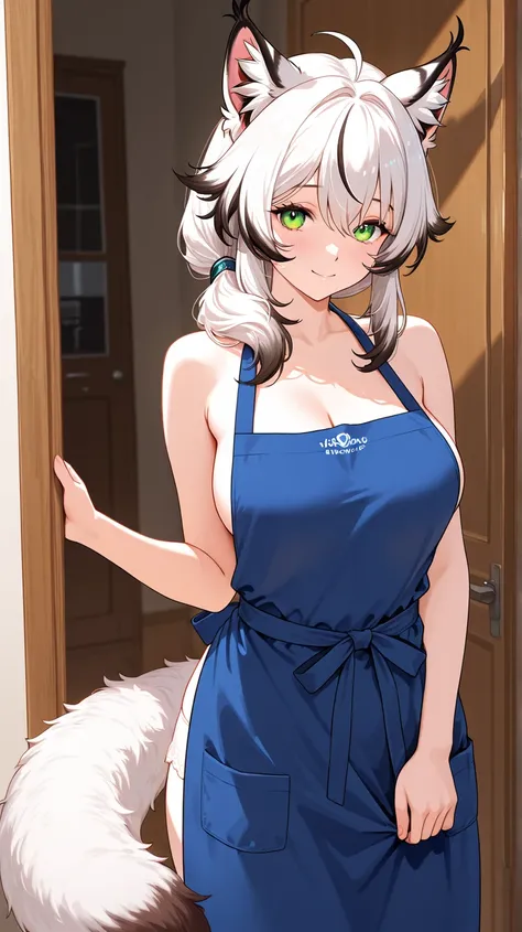 Waifu lynx, HD model, with a plain apron, with home clothes ,with a fluffy tail ,  housewife,  white hair 