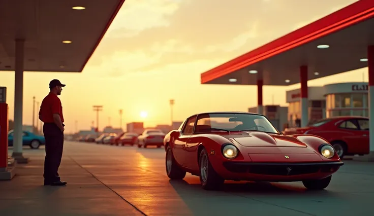 vue en contre plongée.Scène rétro des années 2020 à une station-service américaine en bord de route. Un employé en casquette remplit le réservoir d'une ferrari rouge moderne, tandis que d'autres véhicules classiques attendent en arrière-plan. Lumière chaud...