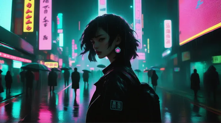 A wide shot of a cyberpunk megacity at night, drenched in neon lights and rain. Hovering billboards cast flickering holographic ads on the wet pavement.,Realistic, Analog Style, VHS style, 8mm film, chromatic aberration, DVD Screen Grab, 80s  movie, Cinema...