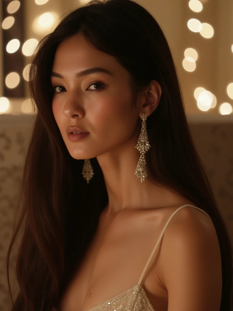 A young asian woman with very long black hair sits elegantly in a softly lit setting. White skin tone. She wears a delicate, shimmering cream-colored dress with thin straps, complemented by long, dangling earrings. Her makeup is subtle, enhancing her featu...