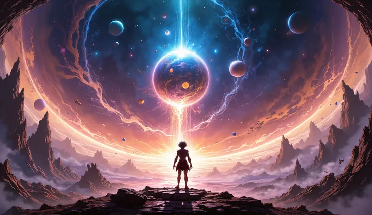  A character looking at the universe with several planets and him holding an energy sphere in his hand about to defeat a villain, This character has to be from an anime 