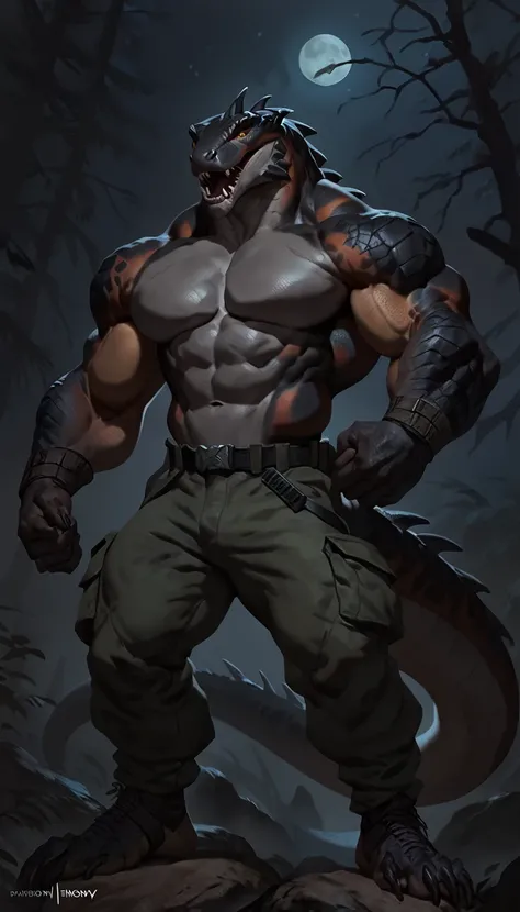 Muscular monster lizardfolk, solo, pants, mercenary, dark lizardfolk, black scaly body, gray belly, detailed abdominals and chest, strong, bara, 1male solo, anthro, muscular, open mouth, small waist, thick tail, marked jaw, pecs, big pecs, military pants, ...