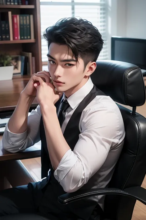 Chinese man, anime,  pretty face, black hair,  with the eyes of a prepared and intelligent boss who owns a large company , style of a cunning boss ,  prepared for great occasions ,  he is seated on his office chair with his hands on it ( sharp eye details ...