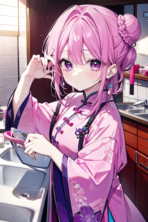  pink purple hair、 Chinese clothes、 2 bun hair、Earrings、 sharp eyes、 sink、