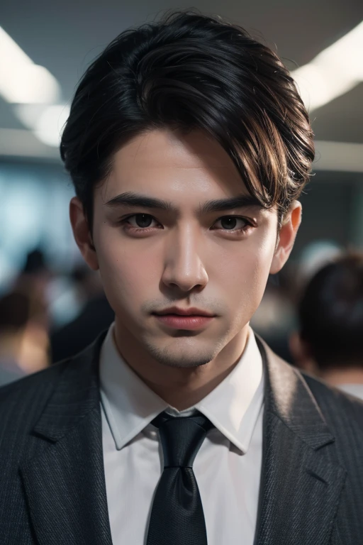 、 Dark Haired Boy 、 wearing a suit and tie 、  A picture of the body and head facing the side you are looking at , Face the photo towards the viewer, Focus on the lens, In the photo you can see the shoulders and head, The man in the center of the picture, 8...