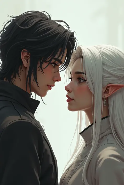 Create a male and female character where both are facing each other and who are in profile I want the protagonist to have somewhat long hair and the protagonist to have white hair