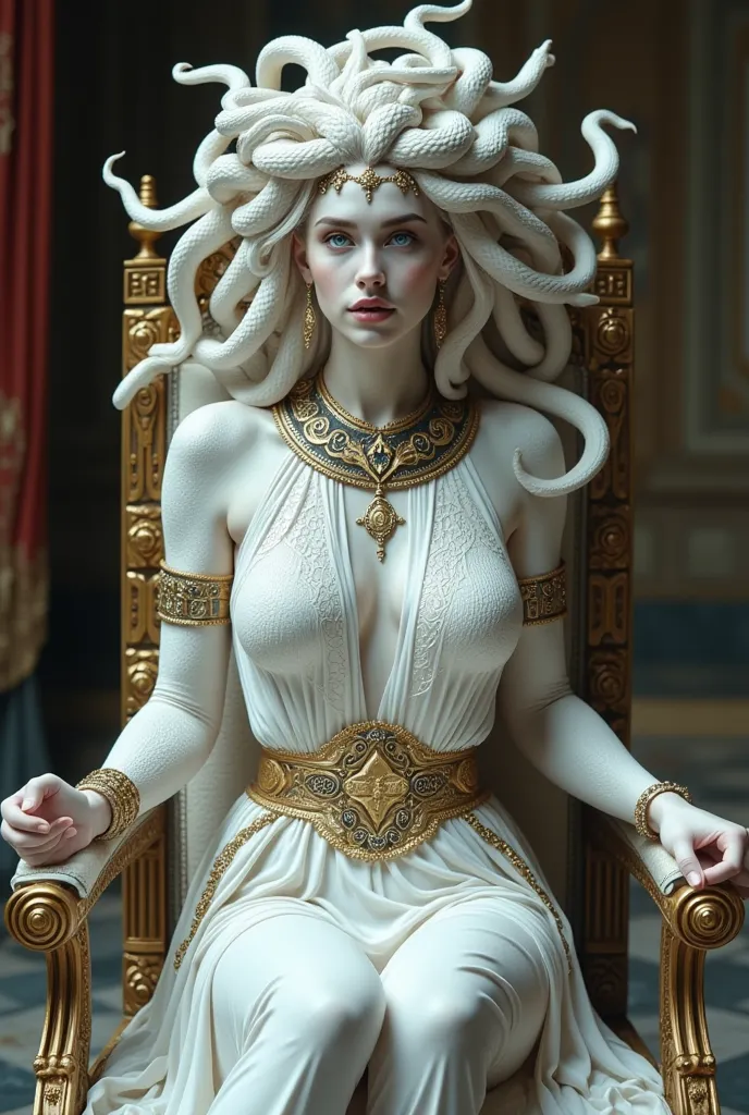 Medusa (Greek mythology), (Ancient Greek dress:1.3), (gold and silver accessories, wide collar, bracelets, armlets, bangles, earrings, wide waist belt), The hair of many snakes, image of a white snake all over, white skin covered with shiny scales, sky blu...