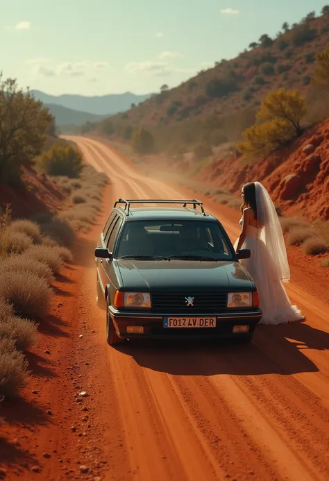 Peugeot estate 505 1995 black ,  on the red dirt road,  a woman dressed as a wedding asks for a very dirty ride 