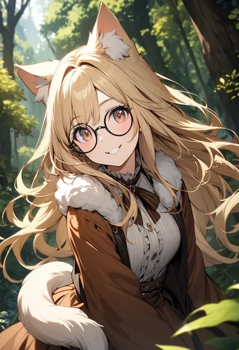 Solo, 1girl, long hair,  blond hair, brown eyes, beautiful color, beautiful eyes, high detail, round glasses, cat ears, fluffy tail, detailed background, forest, smile