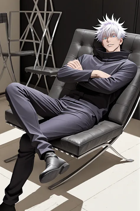 (masterpiece, best quality), best score, amazing quality, very aesthetic, absurdres, highres, newest, HDR, 8K, high detail RAW color art, 1boy, gojou satoru, jujutsu kaisen, blue eyes, white hair, hair between eyes, sitting, black barcelona chair, barcelon...