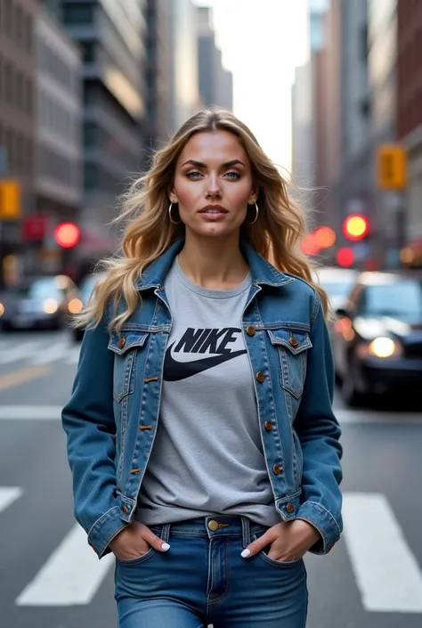 A young woman with an athletic figure, small breasts, medium-sized breasts, with long light wavy hair walks along a busy street of a big city among skyscrapers and city traffic. She is dressed in a stylish blue denim jacket with metal buttons over a light ...