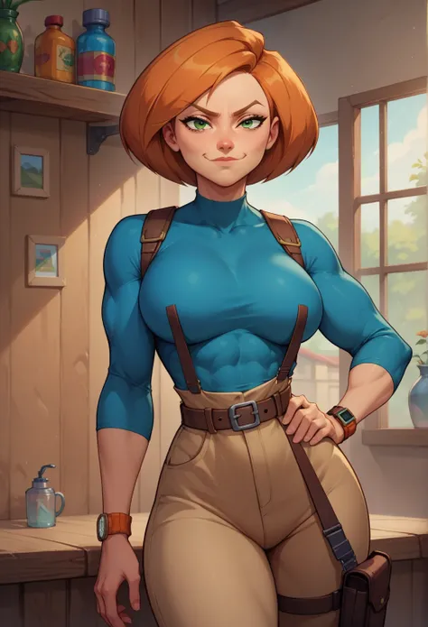 score_9, score_8_up, score_7_up, score_6_up, BREAK, 1girl, solo, Ann possible, orange hair, short hair, medium hair, belt,green eyes,big breasts, wide hips,dark blue top, mid length sleeves,brown hiking pants, looking at you, in a secret room, smug smirk,m...