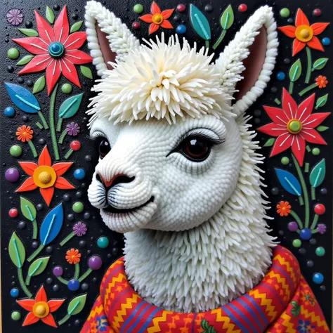 Help me create “A colorful mosaic artwork of a white Andean baby llama with Bolivian chulo woven in alpaca wool, , in which small mosaics are used to represent the baby llama's fur and details.. The mosaics should vary in shades of white and gray for the f...